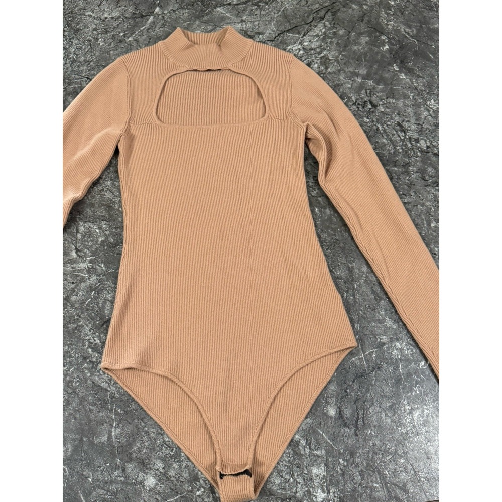 Lulus Womens Mock Neck Cutout Ribbed Knit Bodysuit Stretchy Tan Sz L